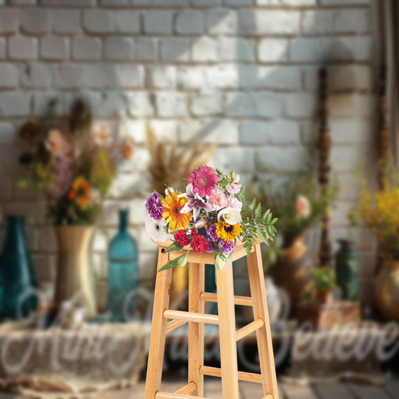 Aperturee - Boho Bottle Feather Brick Wall Spring Photo Backdrop