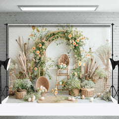 Aperturee - Boho Dried Flowers Basket Eggs Easter Photo Backdrop
