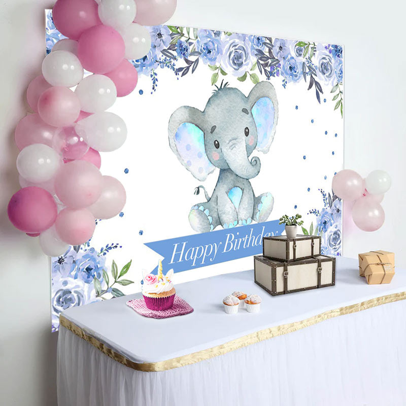 Aperturee - Boho Light Blue Floral Elephant Birthday Backdrop