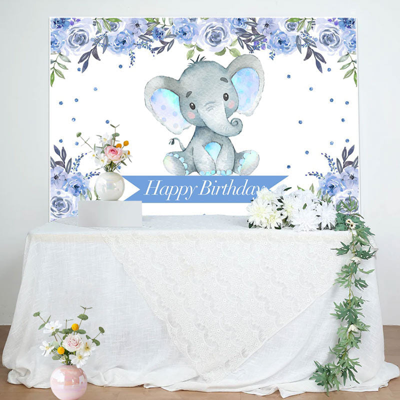 Aperturee - Boho Light Blue Floral Elephant Birthday Backdrop
