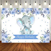Aperturee - Boho Light Blue Floral Elephant Birthday Backdrop