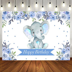 Aperturee - Boho Light Blue Floral Elephant Birthday Backdrop