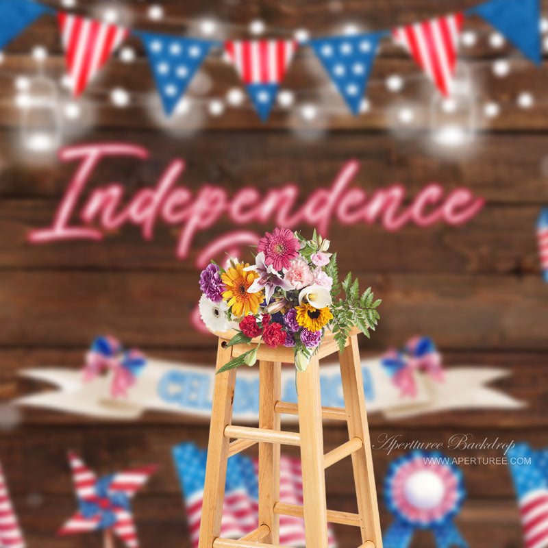 Aperturee - Bokeh Brown Wood USA Flags Independence Day Backdrop