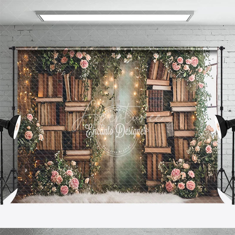 Aperturee - Bookcase Surrounded By Flowers Spring Photo Backdrop