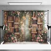 Aperturee - Bookcase Surrounded By Flowers Spring Photo Backdrop