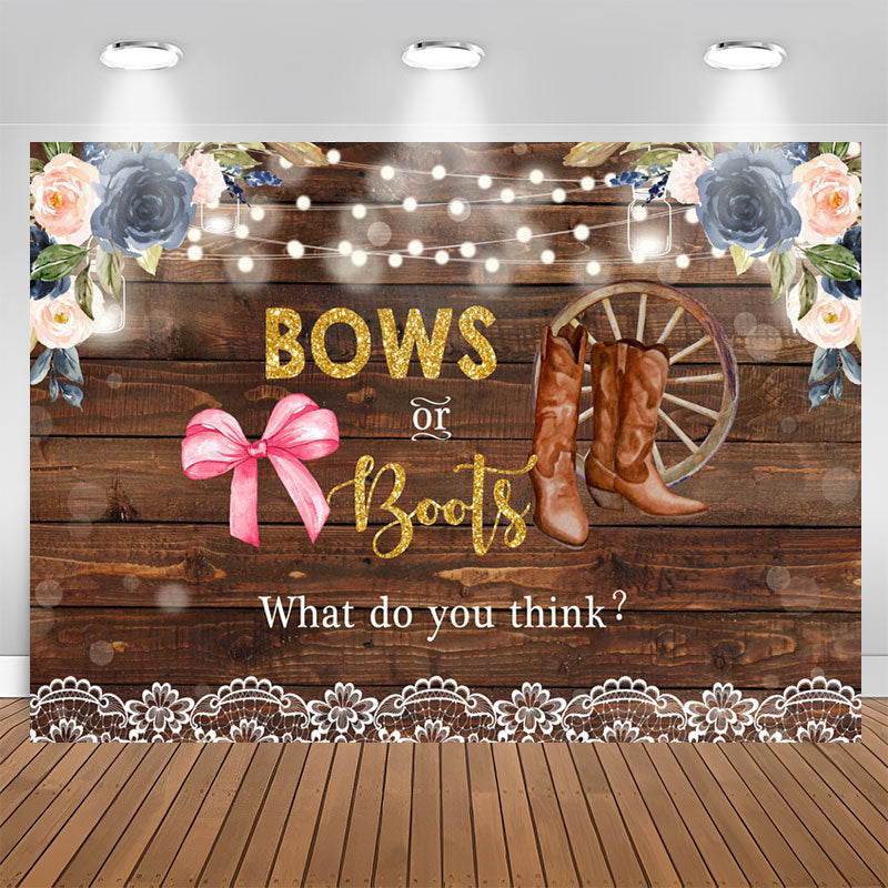 Aperturee - Bows Or Boots Floral Rustic Wood Baby Shower Backdrop
