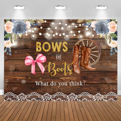 Aperturee - Bows Or Boots Floral Rustic Wood Baby Shower Backdrop