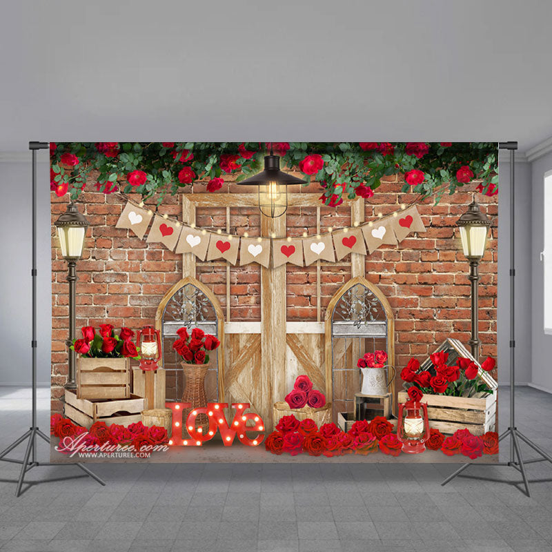 Aperturee - Brick Lamp Love Rose Happy Valentine Day Backdrop