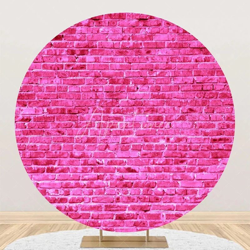 Aperturee - Bright Pink Retro Brick Wall Round Party Backdrop
