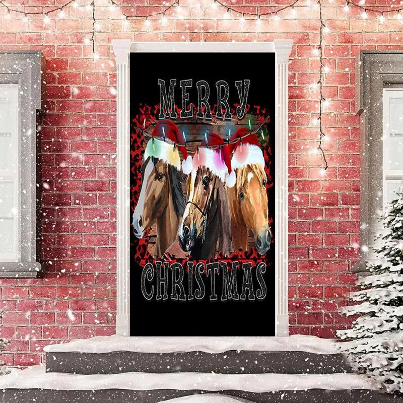 Aperturee - Brown Horse Black Simple Merry Christmas Door Cover