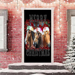 Aperturee - Brown Horse Black Simple Merry Christmas Door Cover