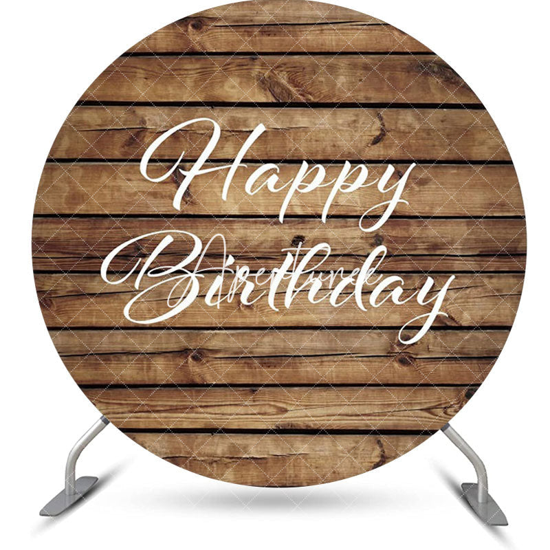 Aperturee - Brown White Wooden Circle Happy Birthday Backdrop