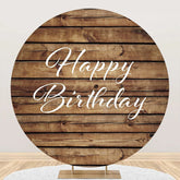 Aperturee - Brown White Wooden Circle Happy Birthday Backdrop