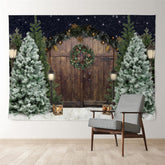 Aperturee - Brown Wood Door Pinetree Snowy Eve Winter Backdrop