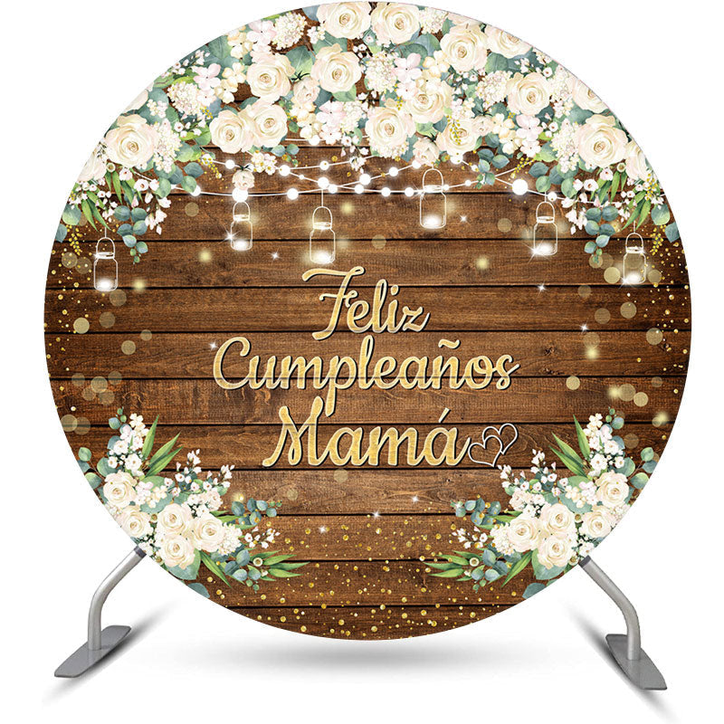 Aperturee - Brown Wood Floral Leaves Round Birthday Backdrop