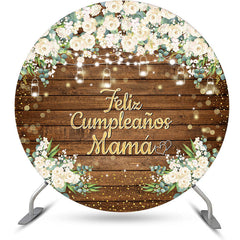 Aperturee - Brown Wood Floral Leaves Round Birthday Backdrop