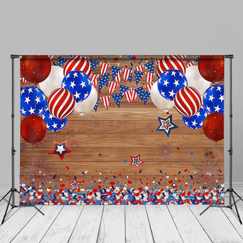 Aperturee - Brown Wood USA Balloon Ribbon Independence Day Backdrop