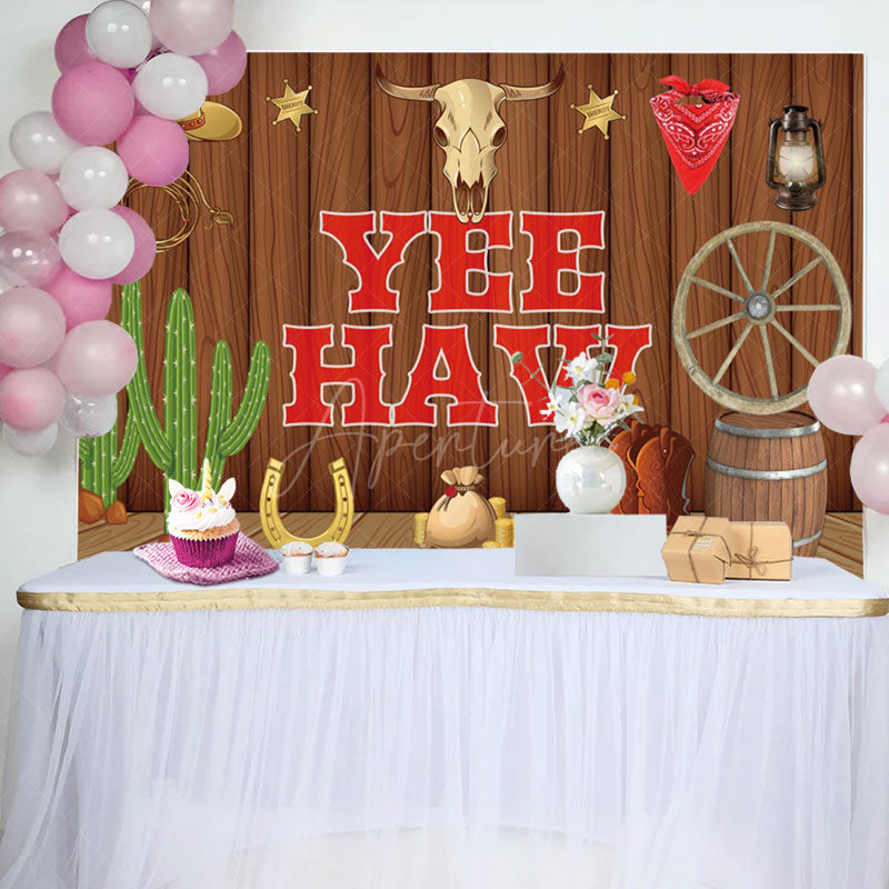Aperturee - Brown Wood Wall Cowboy Catcus Birthday Backdrop