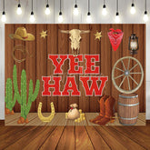Aperturee - Brown Wood Wall Cowboy Catcus Birthday Backdrop