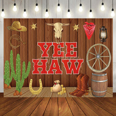 Aperturee - Brown Wood Wall Cowboy Catcus Birthday Backdrop
