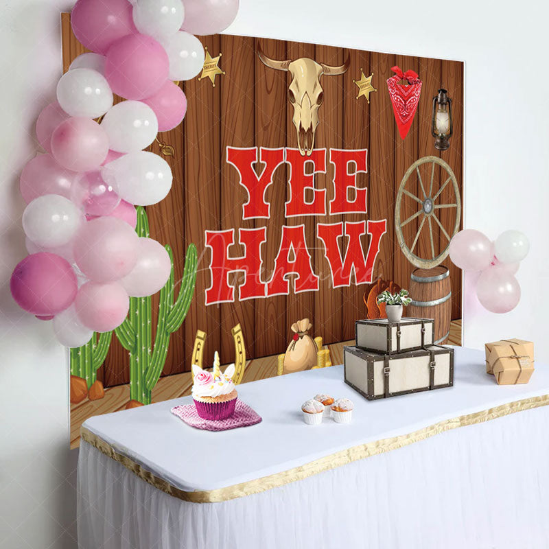 Aperturee - Brown Wood Wall Cowboy Catcus Birthday Backdrop