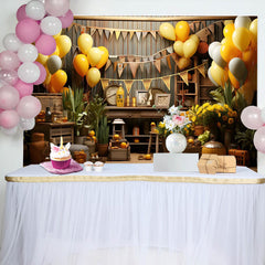 Aperturee - Brown Wooden Balloons Farm Happy Birthday Backdrop