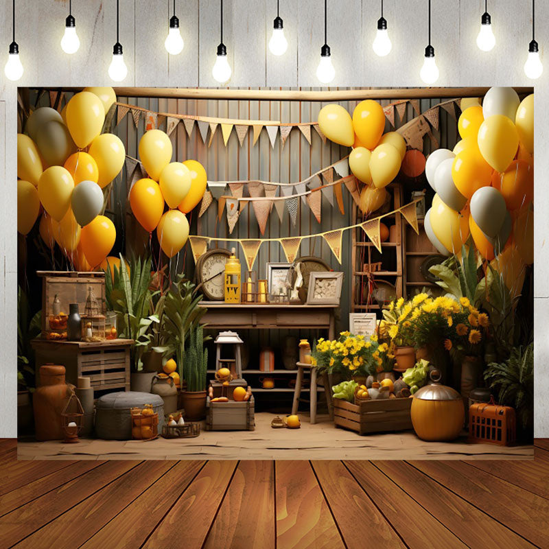 Aperturee - Brown Wooden Balloons Farm Happy Birthday Backdrop