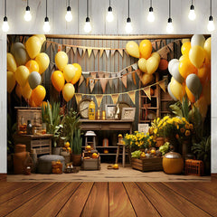 Aperturee - Brown Wooden Balloons Farm Happy Birthday Backdrop