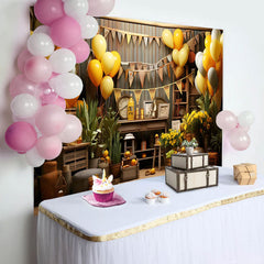Aperturee - Brown Wooden Balloons Farm Happy Birthday Backdrop