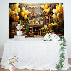 Aperturee - Brown Wooden Balloons Farm Happy Birthday Backdrop