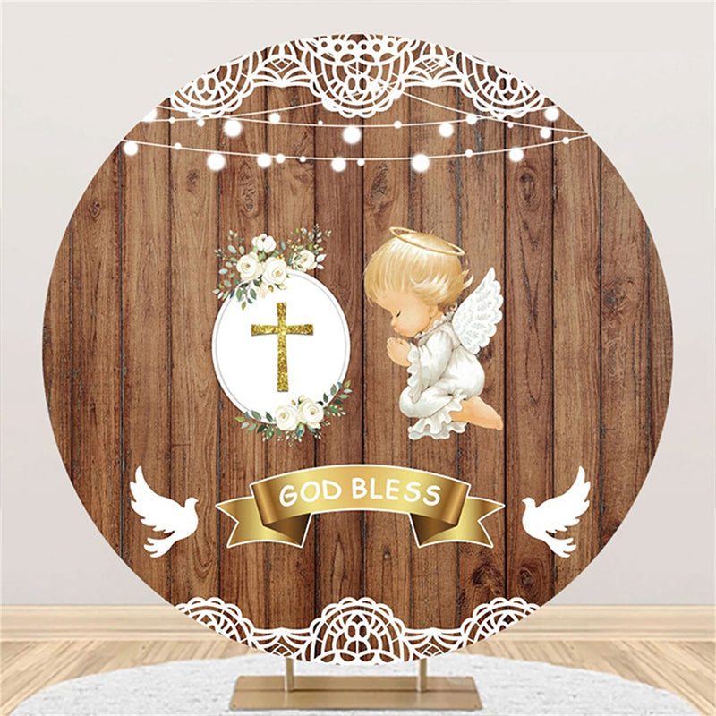 Aperturee - Brown Wooden God Bless Angel Baby Baptism Backdrop