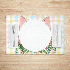 Aperturee - Bunny Ear Plaid Red Floral Leaves Set Of 4 Placemats
