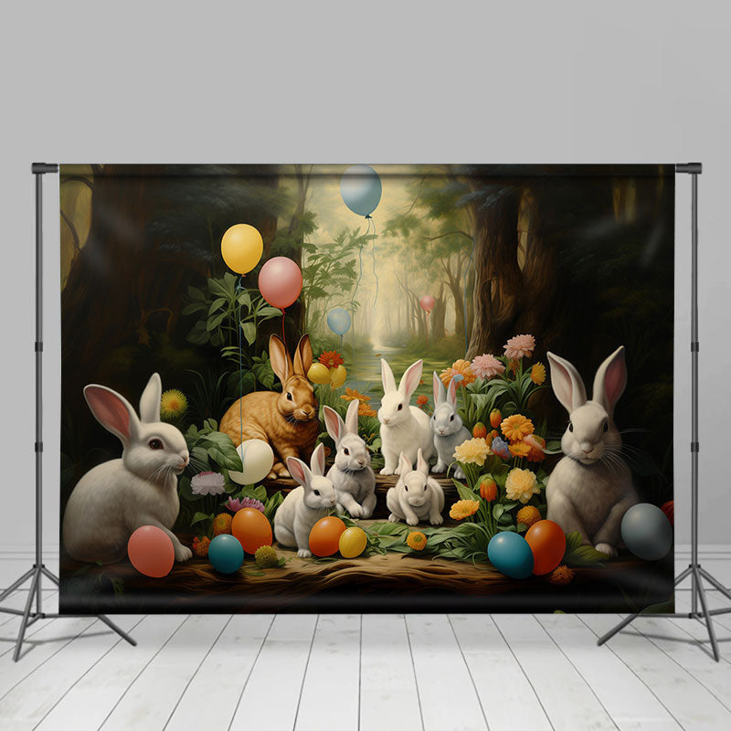 Aperturee - Bunny Eggs Balloon Floral Forest Easter Backdrop