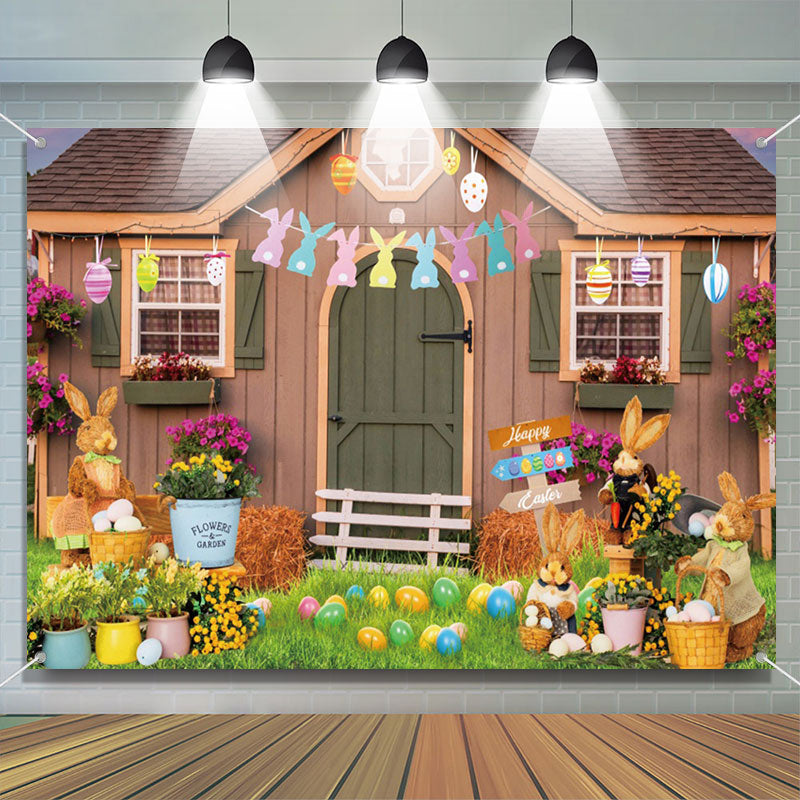 Aperturee - Bunny Eggs Floral Wood Farm House Easter Backdrop
