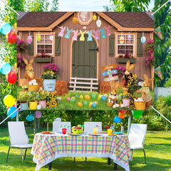 Aperturee - Bunny Eggs Floral Wood Farm House Easter Backdrop