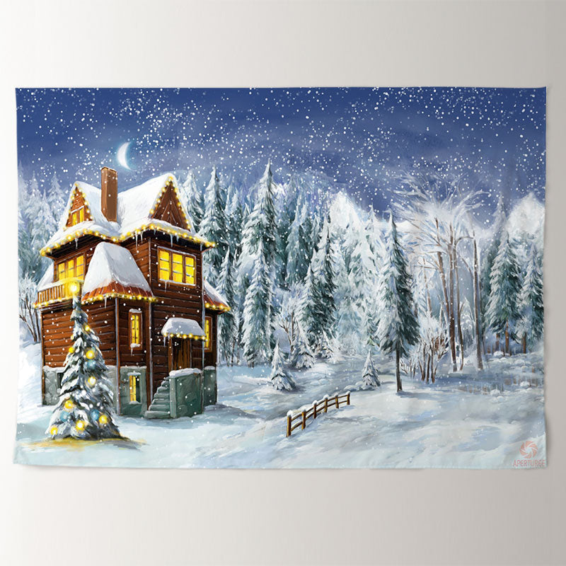 Aperturee - Cabin In Snow Forest Eve Painting Winter Backdrop
