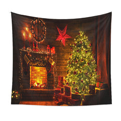 Aperturee - Cabin Red Star Tree Fireplace Christmas Backdrop