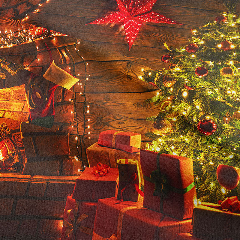 Aperturee - Cabin Red Star Tree Fireplace Christmas Backdrop