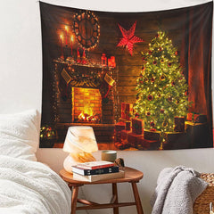 Aperturee - Cabin Red Star Tree Fireplace Christmas Backdrop