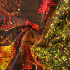 Aperturee - Cabin Red Star Tree Fireplace Christmas Backdrop