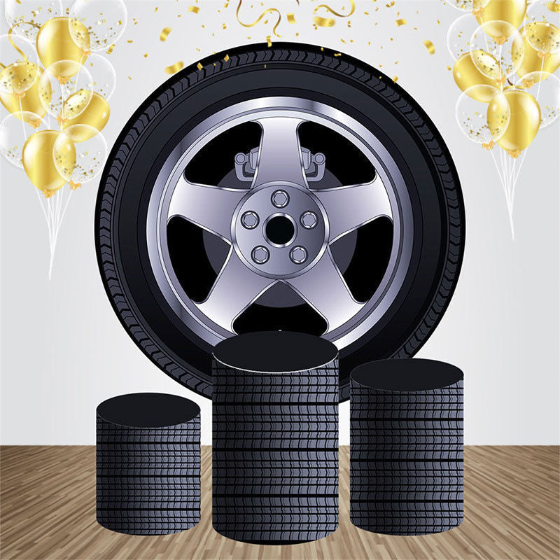 Aperturee - Car Tire Pattern Round Happy Birthday Backdrop Kit