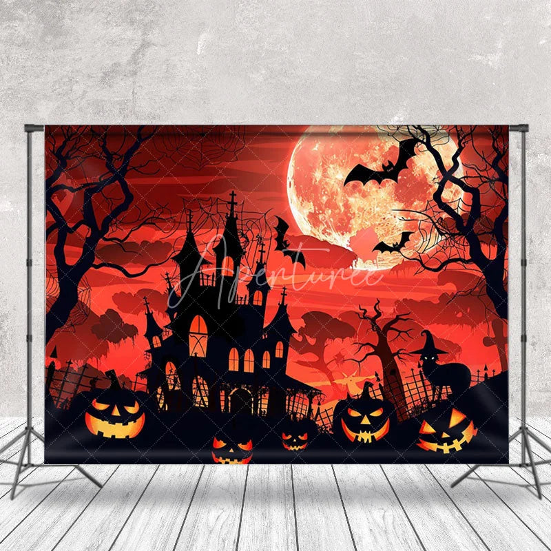 Aperturee - Cartoon Castle Moon Red Sky Pumpkin Halloween Backdrop