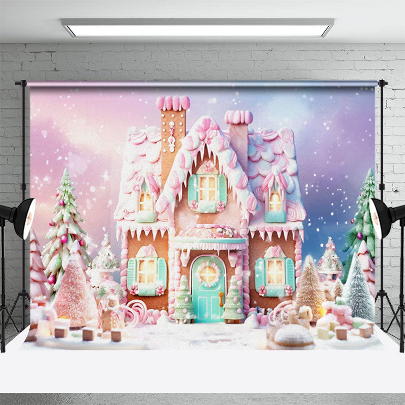 Aperturee - Cartoon Cute Pink Snowy House Christmas Backdrop