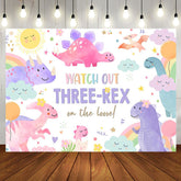 Aperturee - Cartoon Dinosaur Rainbow Sky 3rd Birthday Backdrop