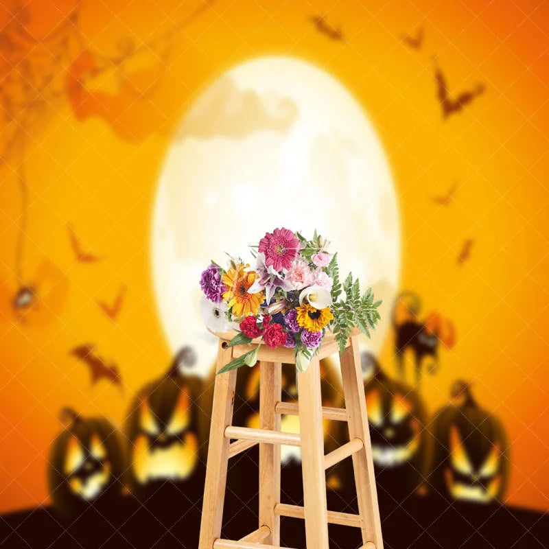 Aperturee - Cartoon Pumpkin Spider Moon Golden Halloween Backdrop