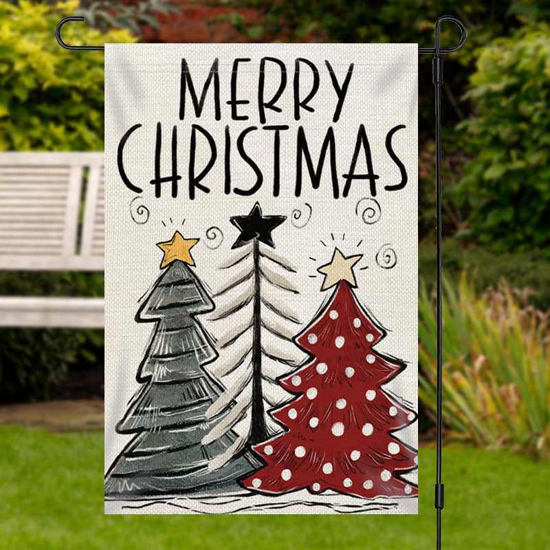 Aperturee - Cartoon Xmas Tree Burlap Merry Christmas Garden Flag