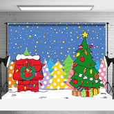 Aperturee - Cartoon Xmas Trees Star Red House Christmas Backdrop