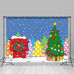 Aperturee - Cartoon Xmas Trees Star Red House Christmas Backdrop