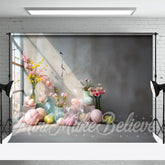 Aperturee - Cement Wall Colorful Floral Eggs Easter Backdrop