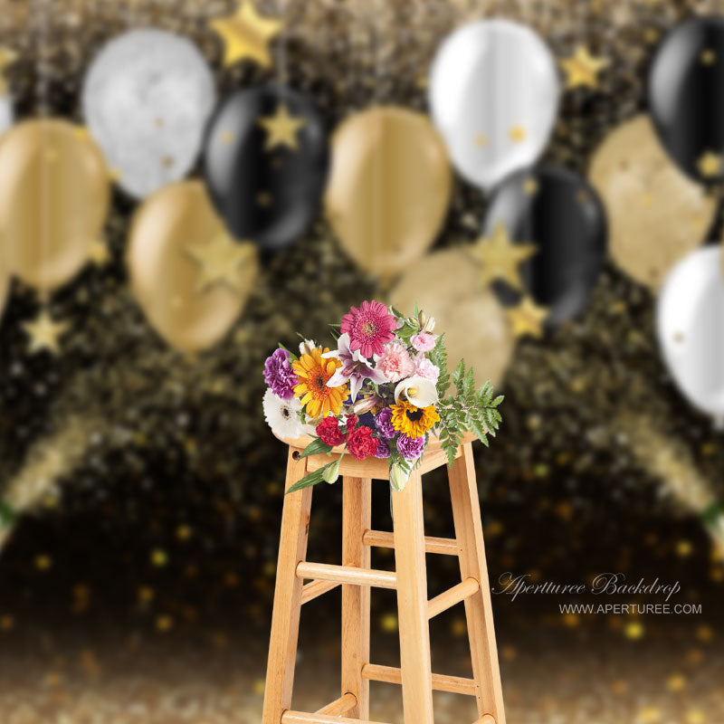 Aperturee - Champagne Gold Glitter Balloon Bokeh Grad Photo Backdrop